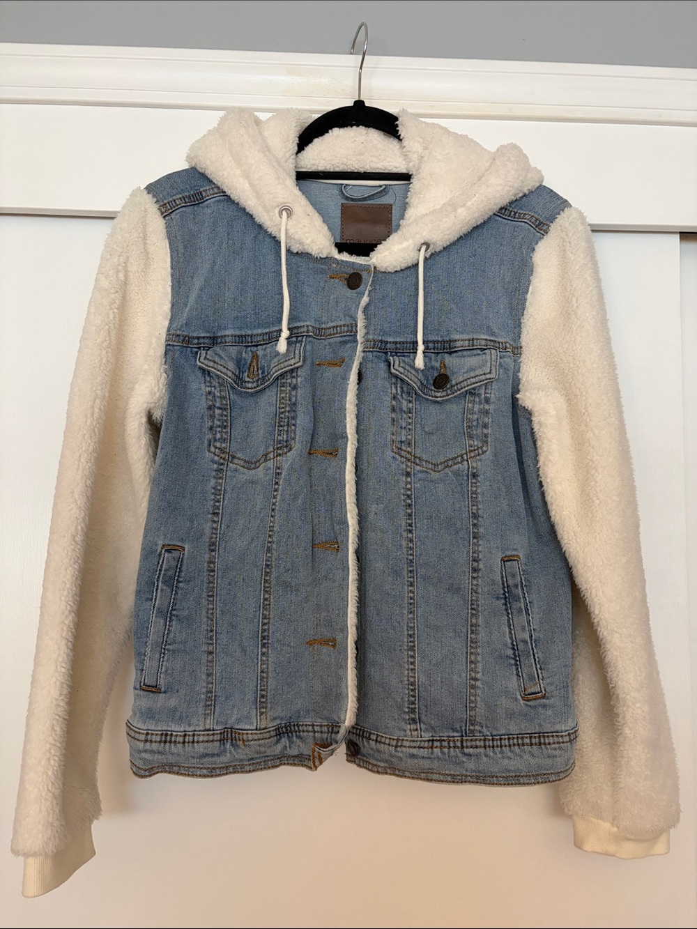Maurices Light Blue Denim Jacket with Cream Sherpa Hood & Sleeves